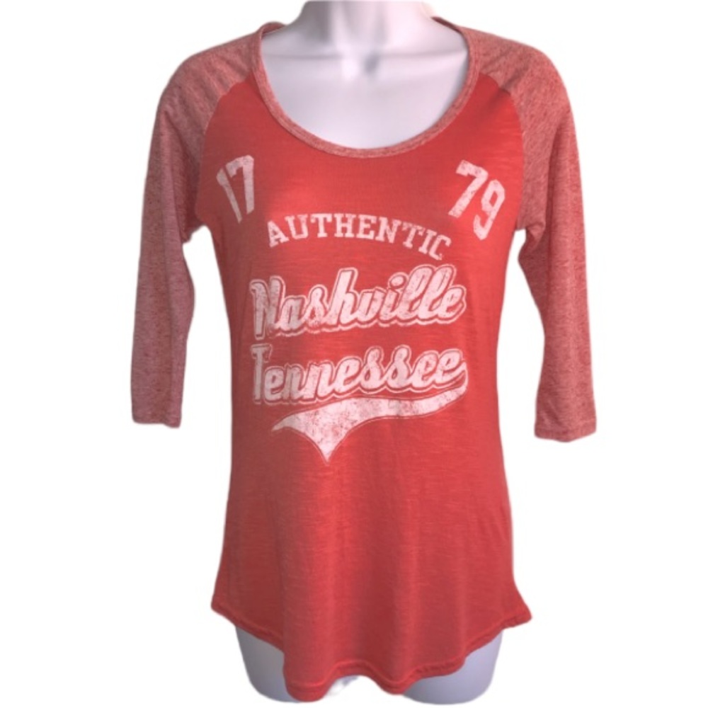 🔴 4/$15 PimaTee Women’s S Nashville Tennessee 1779 orange white raglan tee EUC